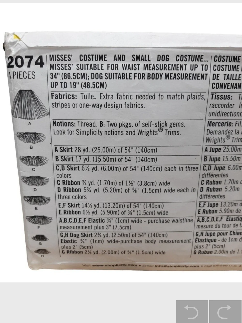 Simplicity 2074 No Sew Tutu Costume Pattern Misses & Dog Halloween